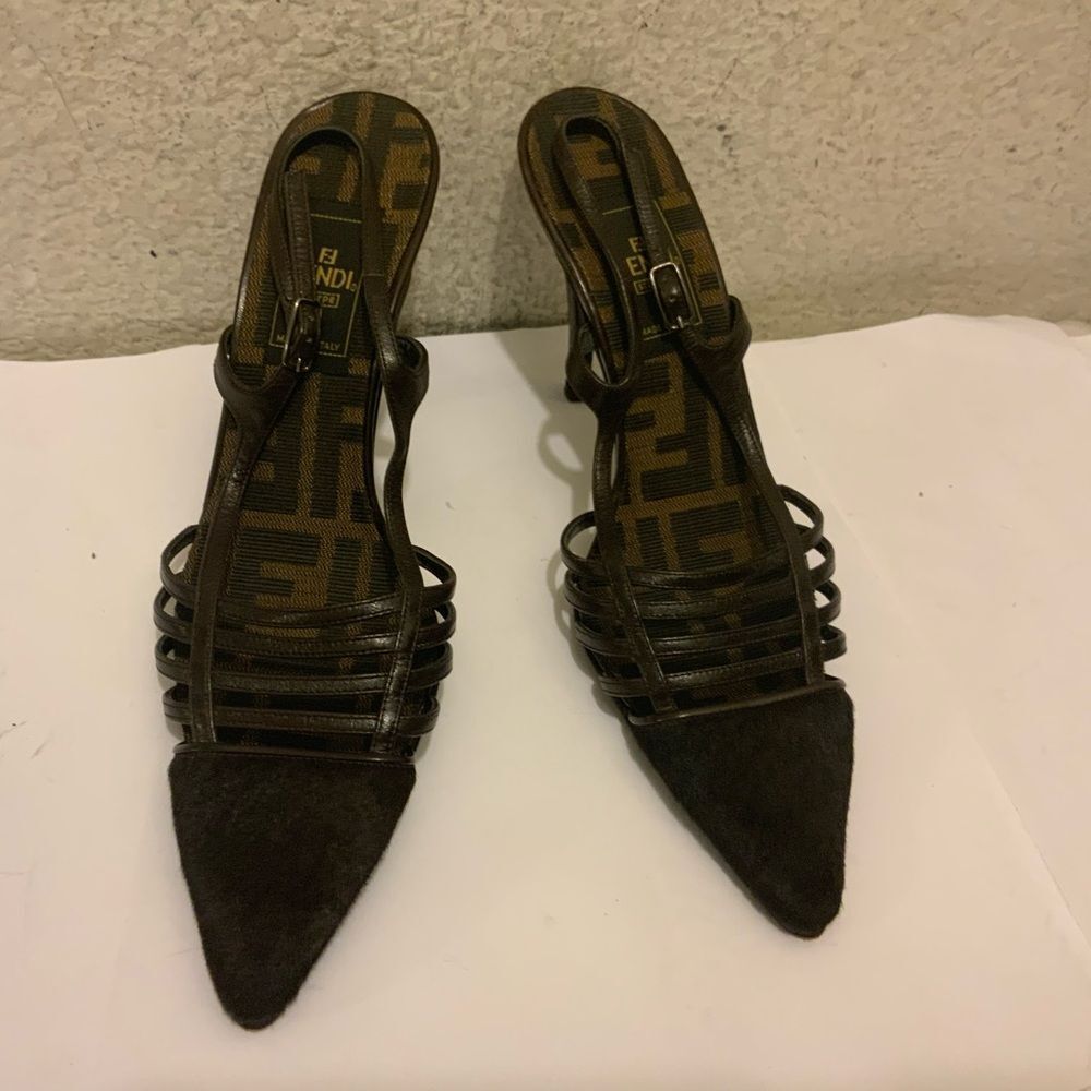 Fendi cage  hair calf Pointed Toe Slingback Pump Kitten Heel Size 6.5
